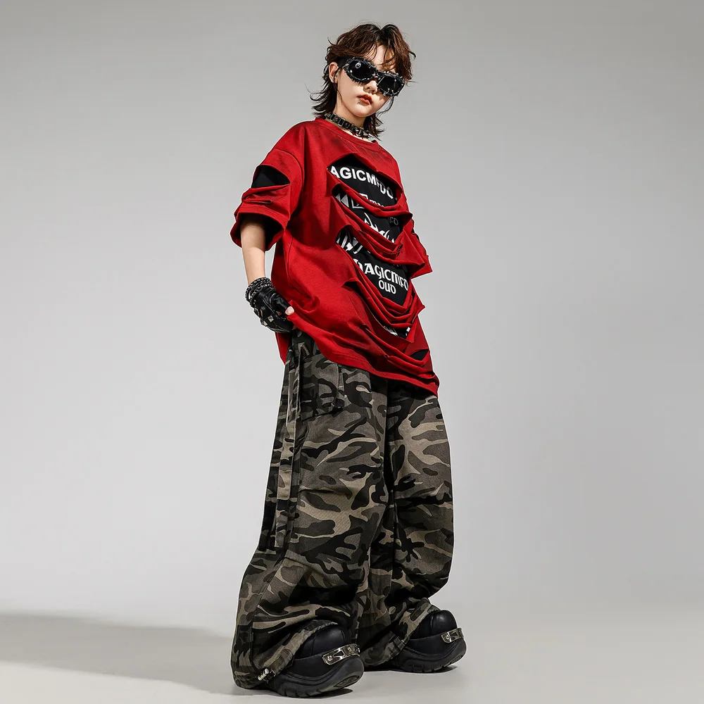 Kid KpopClothing Red Letters Ripped T Shirt Black Camouflage Pants for Girl Boy Hip Hop Dance Wear Costume Clothes