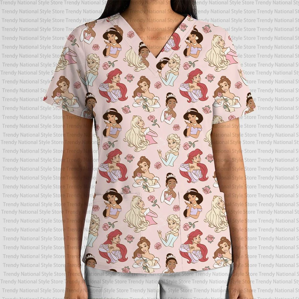 Summer Christmas Disney Cartoon Mermaid Print V-Neck Pocket Scrub Top Women's Clothing Nursing Clothes Dental Pet Shop T-shirt