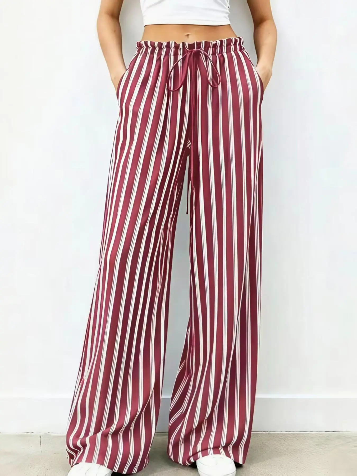 Autumn New Striped Loose  Wide Leg Pants Ruffle Drawstring High Waist Loose Trousers Side Pocket Casual Holiday Beach Long Pants
