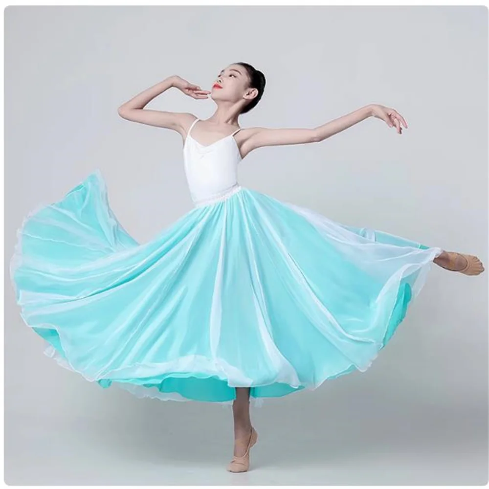 Trajes de baile flamenco verde de 720 grados, falda larga de baile de salón de doble capa para mujer, traje de actuación de danza clásica española