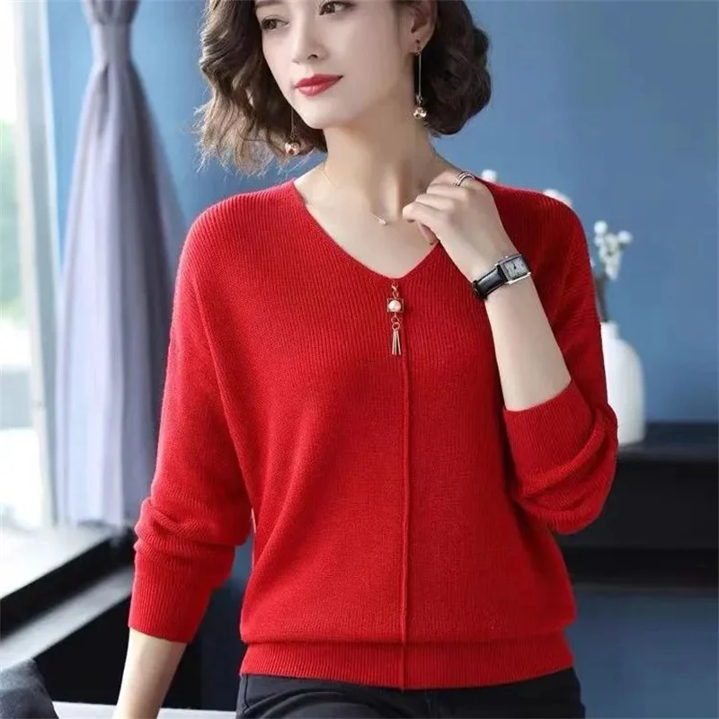 Autumn Winter Women Sweaters Casual Long Sleeve Knitted V Neck Pullover Sweater Femme Basic Solid Jersey Tops Fashion Clothes