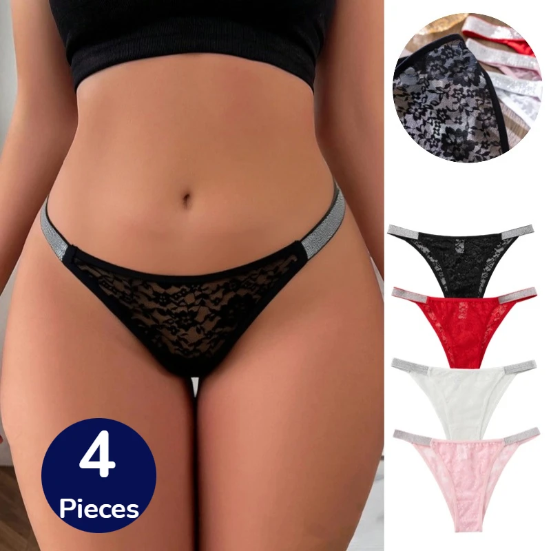 BZEL 4er-Pack Spitzen-Damenslips Blumenmuster Modische Damen-Bikinihöschen mit Aushöhlungen Sexy Dessous Dehnbare Slips Bequeme Unterwäsche Große Größen Heißer Verkauf