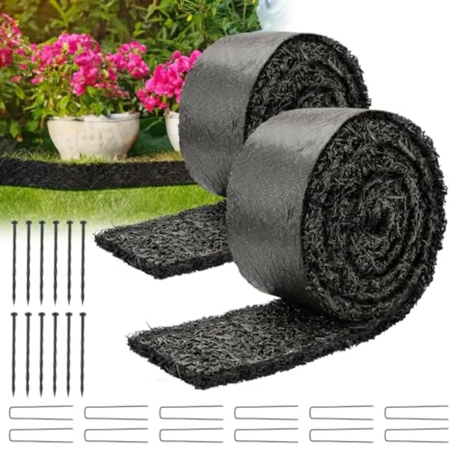 

LukLoy 10"L X.5"W Black Rubber Mulch for Landscaping with Fixing Stakes, Recycled Rubber Mulch Mat Roll, Permanent Weed Barrier