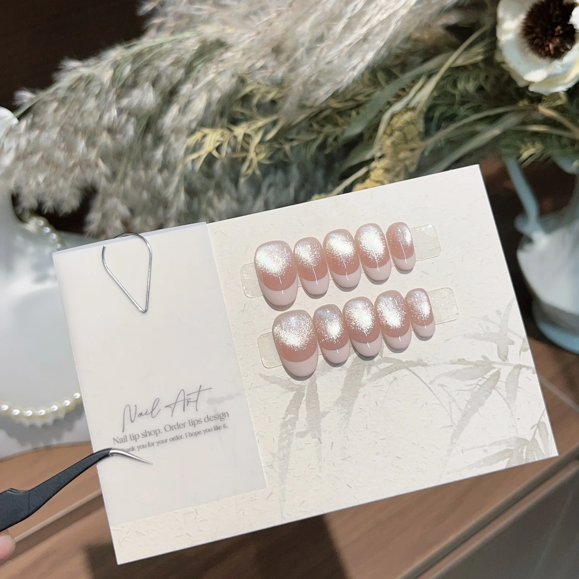 10pc Sweet Handmade Press on Nails with Glitter Pink Cat Eye Design fake nails Simple French Oval Wearable Full Cover False Nail