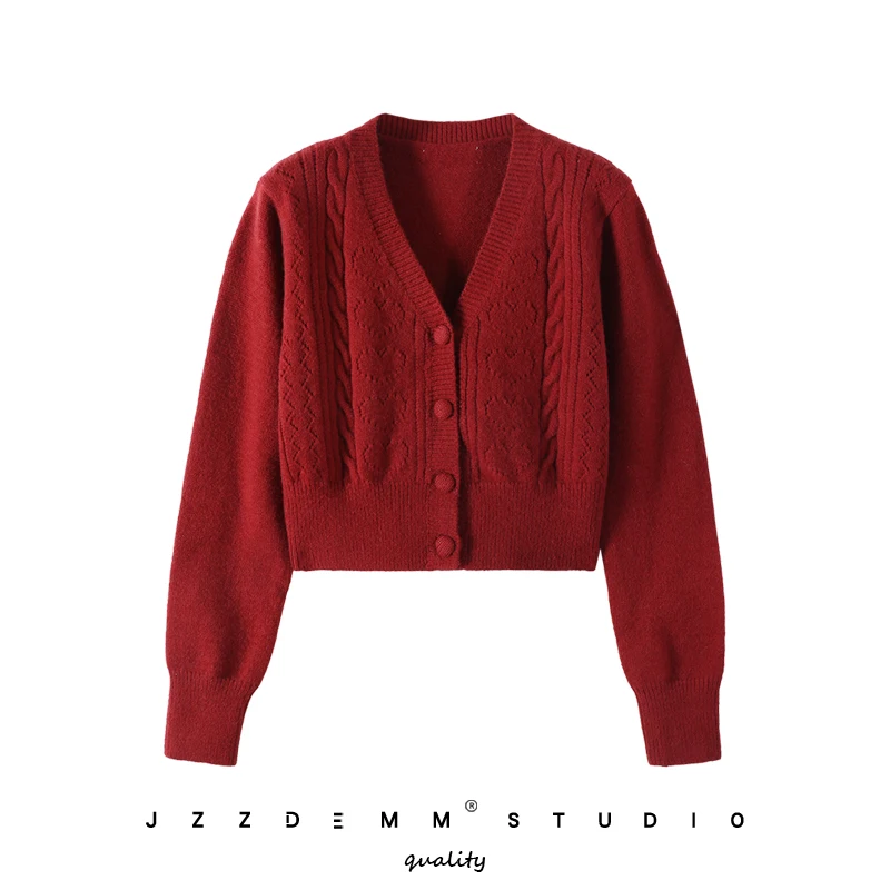 

Women's Hollow Heart Twisted Knitwear Open Cardigan Autumn Winter New Style Waist-Cinching V-Neck Long Sleeve Thick Sweater C...