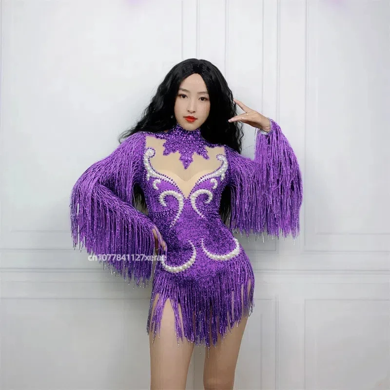 

Women's New Latin Dance Outfit with Tassel and Bright Diamond Hollow Out Sexy Ultra Short Jumpsuit for Stage Performances