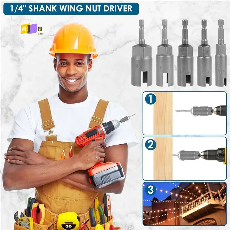 

A08F-5PCS Wing Nut Driver,11-19Mm Steel Slot Wing Nut Driver Bit, 1/4 Inch Hex Shank Wing Nut Driver Set, Nut Driver Socket