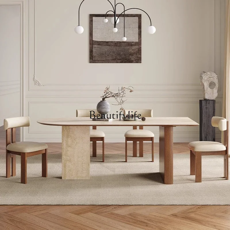 طاولة طعام من الخشب الصلب الفرنسي القديم، بلاطة صخرية من الترافرتين، طاولة طعام على شكل جزيرة شبه بيضاوية عتيقة