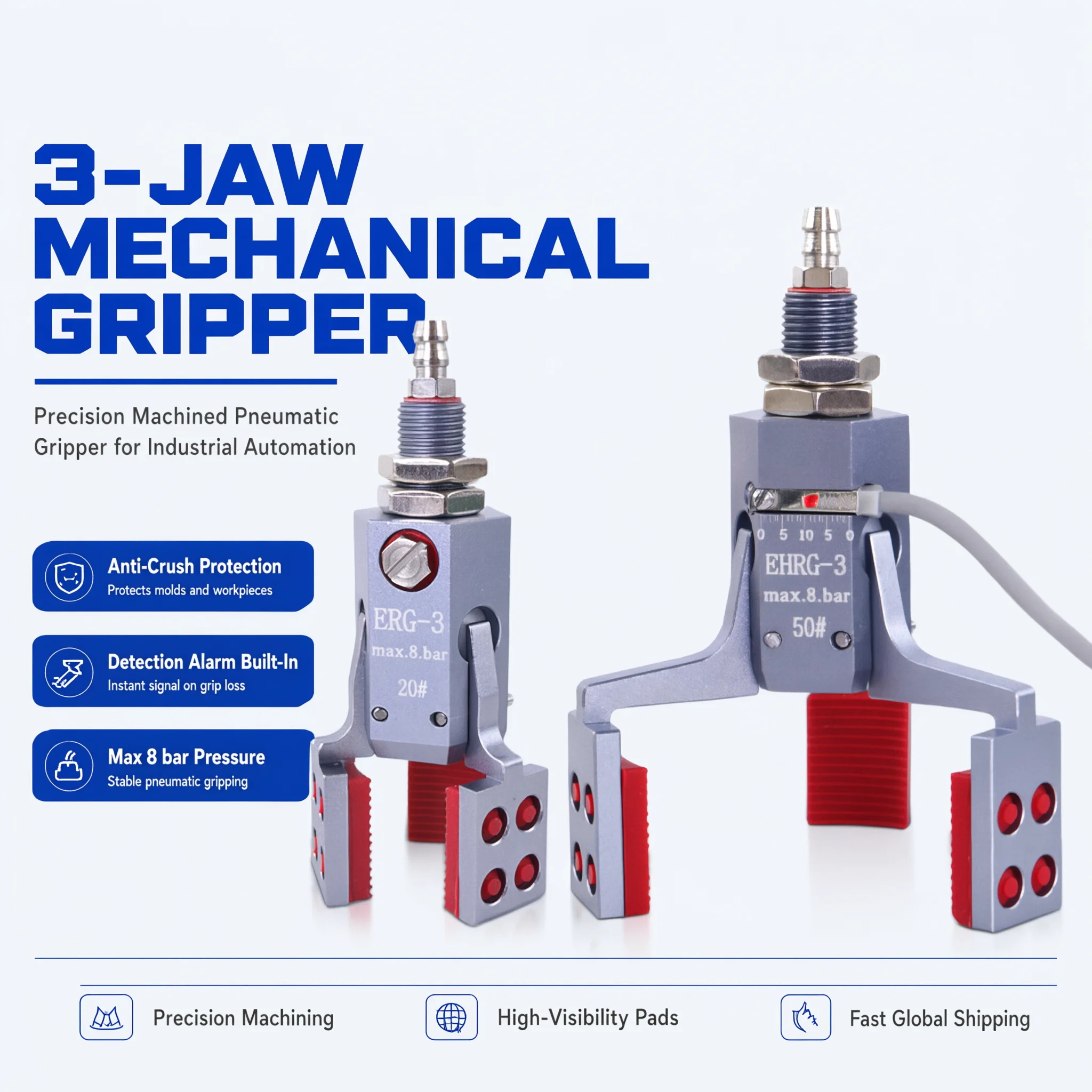 3-Jaw Mini Pneumatic Air Gripper Mini-ERG-3 EHRG-3 Clamp Pad for Round Cylindrical Plastic Parts Injection Molding