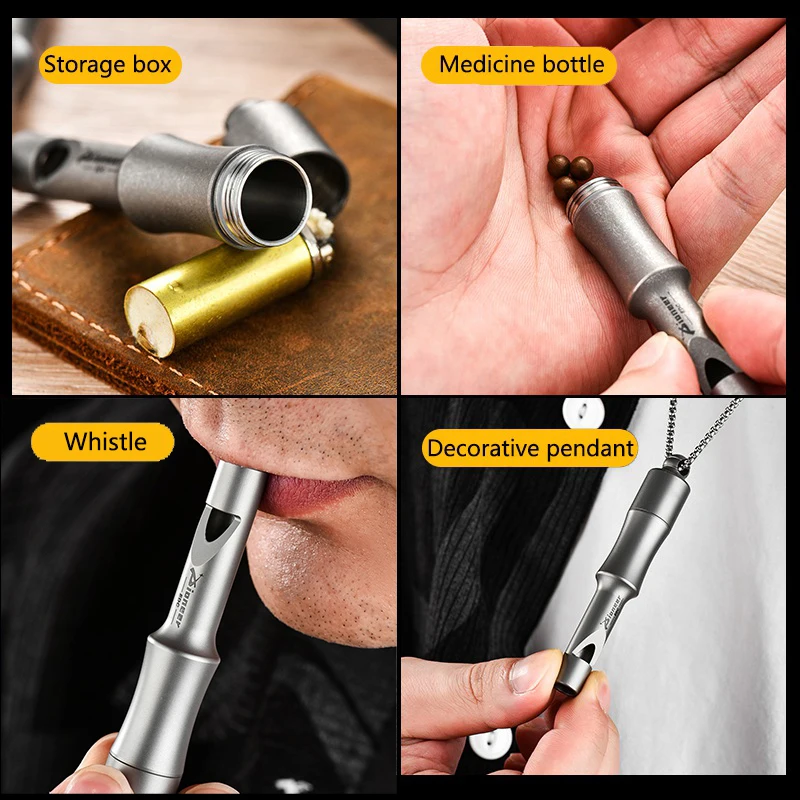 120dB Titanium Alloy High Decibel Single Tube Whistle with Necklace Portable Camping Multifunctional EDC Outdoor Survival Tool