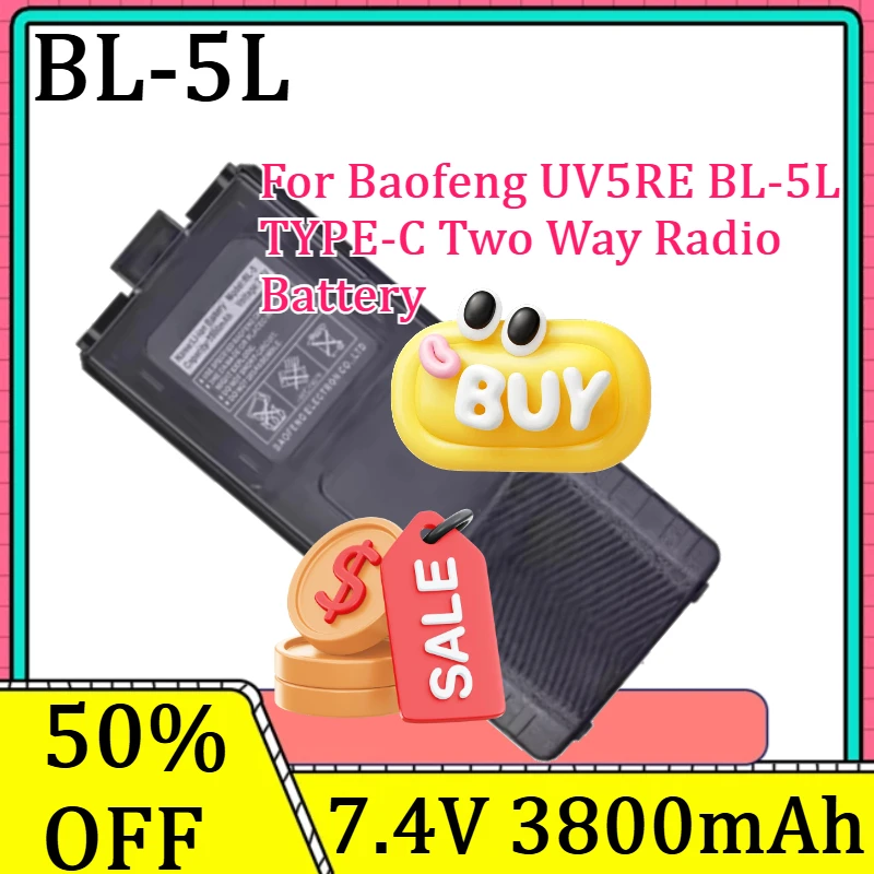 For Baofeng UV5RE BL-5L TYPE-C Two Way Radio Battery New BL-5L 7.4V 3800mAh Rechargeable Walkie Talkies Battery