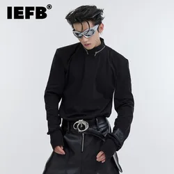 IEFB New Fashion Men's T-shirts Long Sleeve Niche Metal Zip Stand Collar Shoulder Pad Top Solid Color Slim Male Tops 9C3060