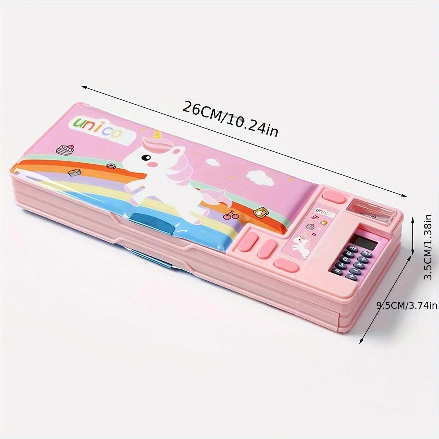 Kids Multifunctional Pencil Case with Calculator, Desk Organizer for Pens, Pencils, Markers, Office Supplies, Pink and Purple De