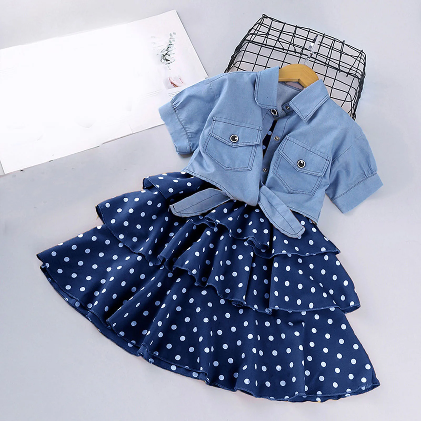 

2Pcs Kids Dresses for Girls Elegant Sling Princess Dress Blue Denim Jacket 2-8Years Girls Flower Dress Summer Children Clothes