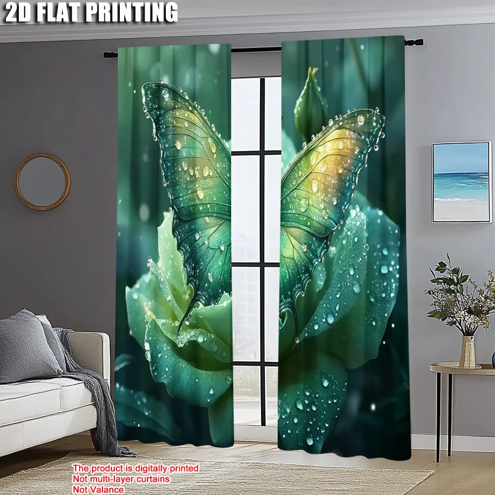 2pcs, Upscale Curtains 2D print Green Butterfly & Blooming Rose Versatile 100% Polyester (without rod) Stuff Clearance Perfect
