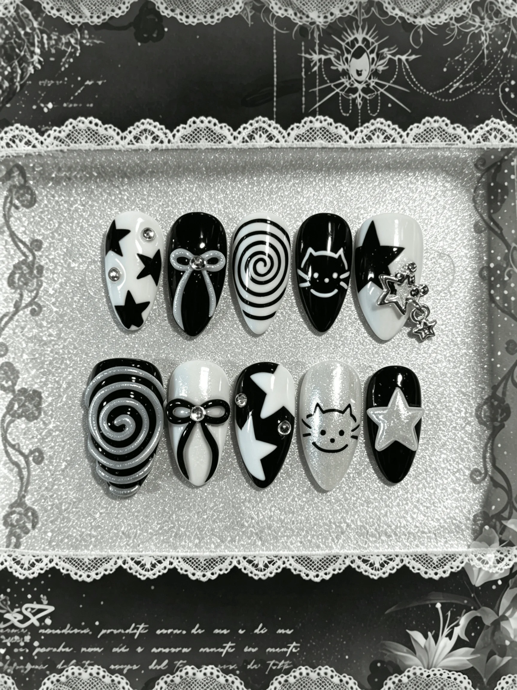 10 10 Pieces of Handmade Almond-Shaped Full-Cover Nail Tips, Medium Length, Black and White Kitten Design, Y2K Cartoon Style, Suitable for Women and Girls, Perfect for Music Festivals, Street Shopping, and as a Gift, Incl - Aliexpress Deal