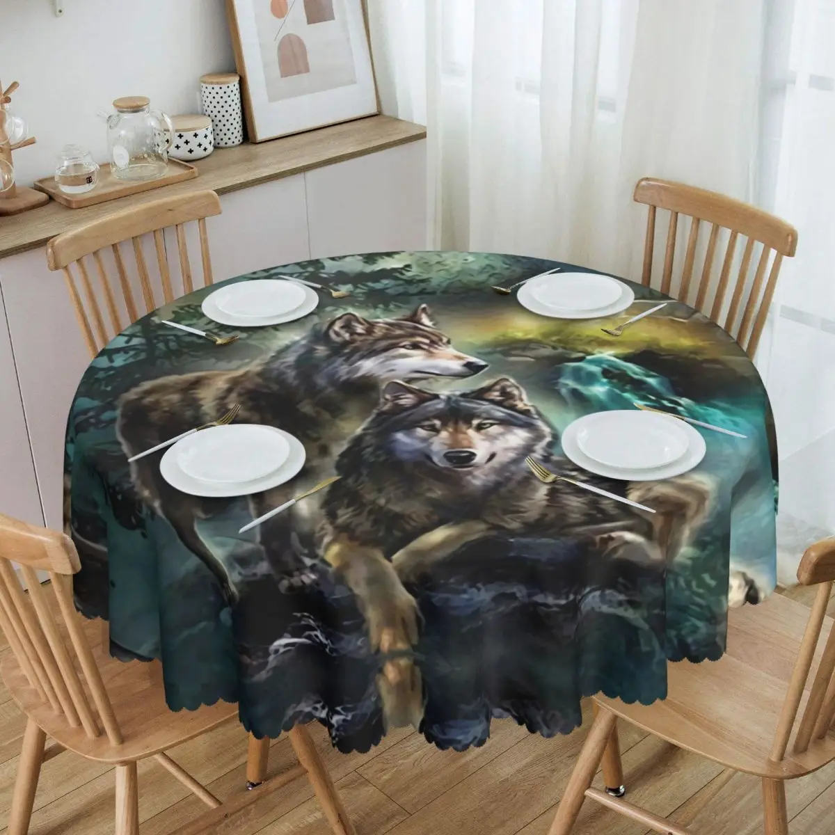 

Wolf Tablecloth Round Oilproof Moon Table Cover Cloth for Kitchen 60 inch