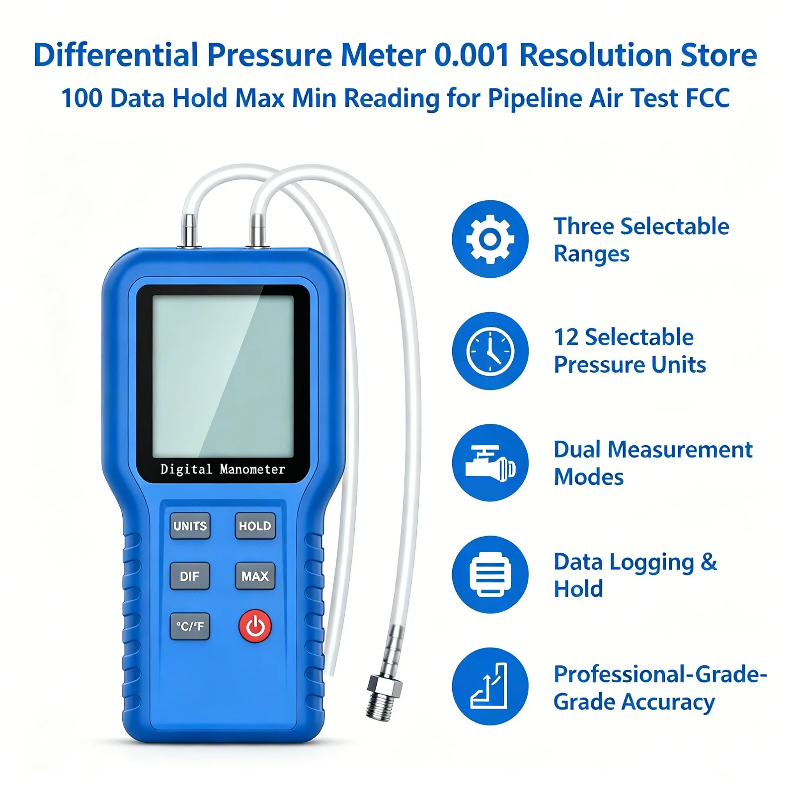HoldPeak Digital Manometer HVAC Dual Port Gas Pressure Tester, Differential Gauge 12 Units MAX/MIN/DIF Data Record