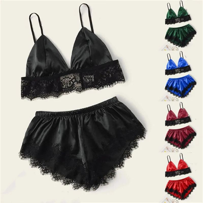 5 Styles Lingerie Sexy Bra Set Women\'s Sleepwear Sleeveless Strap Lace Trim Satin Cami Tops Pajama Sets Bras Women Brief Sets