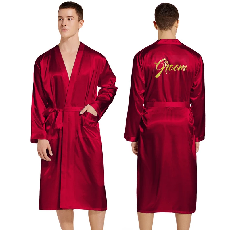 Satin Sleepwear Long Sleeve Kimono Bathrobe Gown Wedding Groom Robe Male Bronzing Letter Loungewear Men Home Wear Nightdress