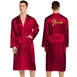 Wedding Groom Robe Men Home Wear Satin Sleepwear Long Sleeve Kimono Bathrobe Gown Male Bronzing Letter Loungewear Nightdress