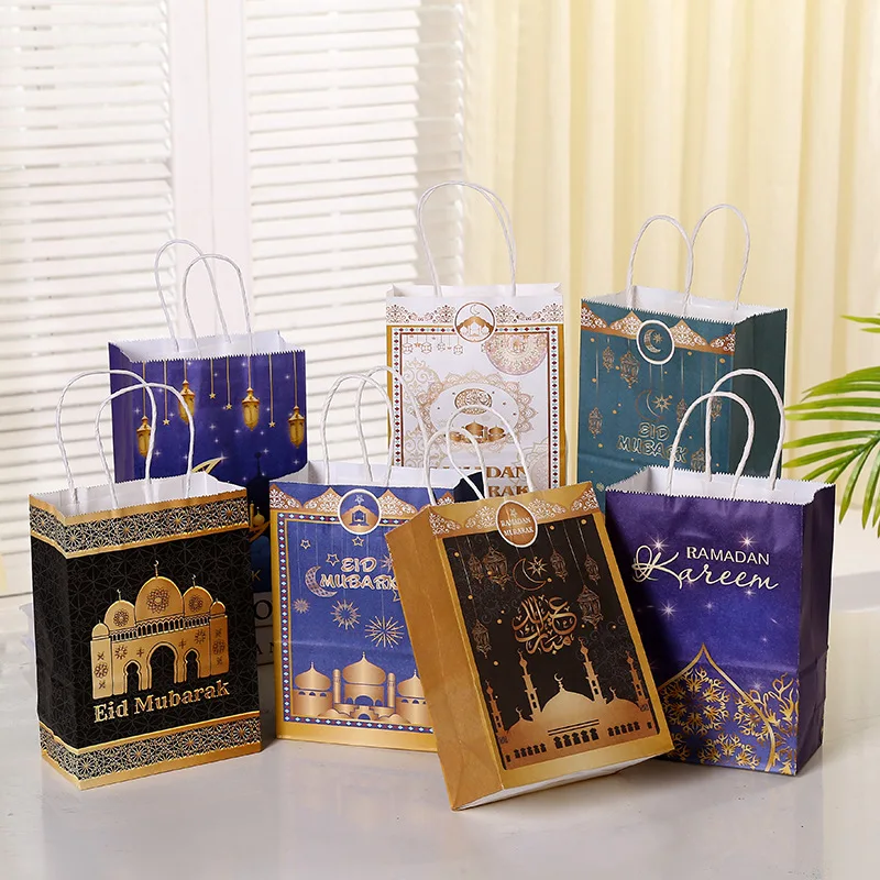 6Pcs Eid Mubarak Kraft Paper Gift Bags Biscuit Candy Wrapper Box Muslim Islamic Festival Party Supplies Ramadan 2023 Eid Al Adha