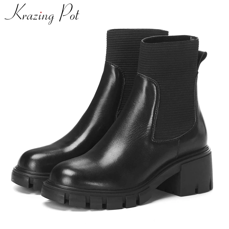 

Krazing Pot Genuine Leather Slip On Chelsea Boots Round Toe High Heels Daily Wear Women Winter Keep Warm Platform Ankle Boots