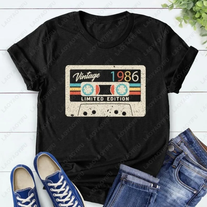 Vintage 1986 Audio Tape Street Fashion Cotton Shirt Retro Birthday Gift Men Women Classic O-neck Printed Unisex Tops Ropa Mujer