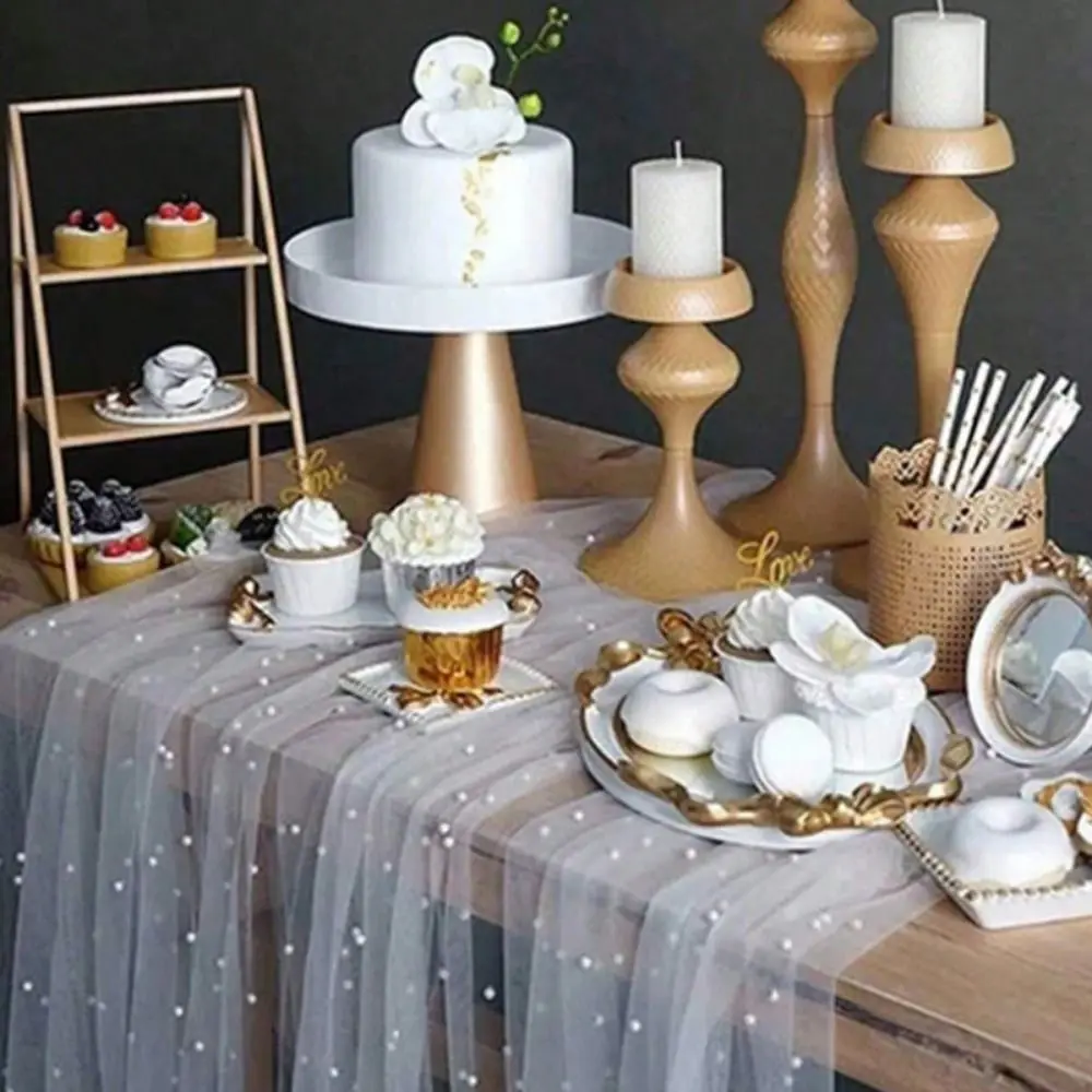Mesh Fabric Pearl Table Runner Sheer White Tulle Bridal Veil Dreamy Luxury Rectangle Wedding Table Runner Home Decoration
