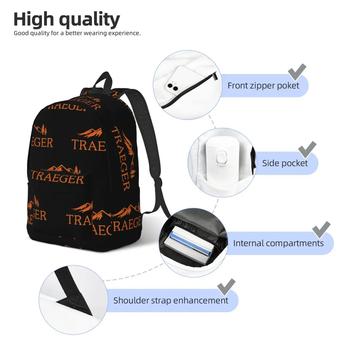 Traeger Pellet Grill Smoke BBQ Essential Student Backpack School Bag Hiking Travel Daypack for Boys Girls Bookbag Shoulder Bags