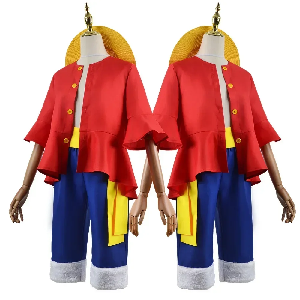 Anime Monkey Luffy Cosplay Costumes Monkey-D-Luffy Cosplay Red Tops Pants Suits Hats Halloween For Women Men Kids Party Gifts