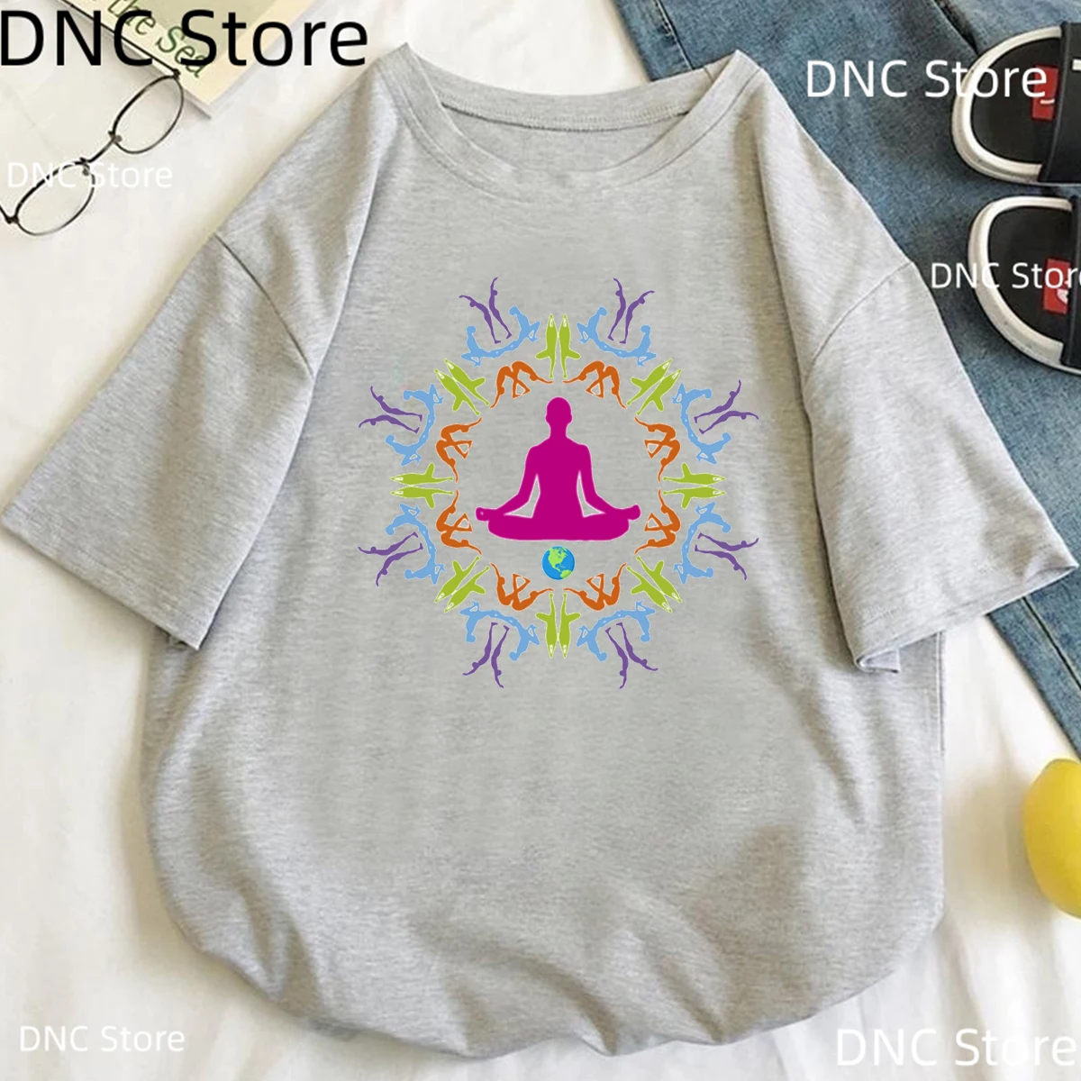 Womens Grey T-Shirt Zen Buddha Lotus Flower Spiritual Meditation Yoga Women Tshirt Tops Streetwear Summer Harajuku Shirt Tops