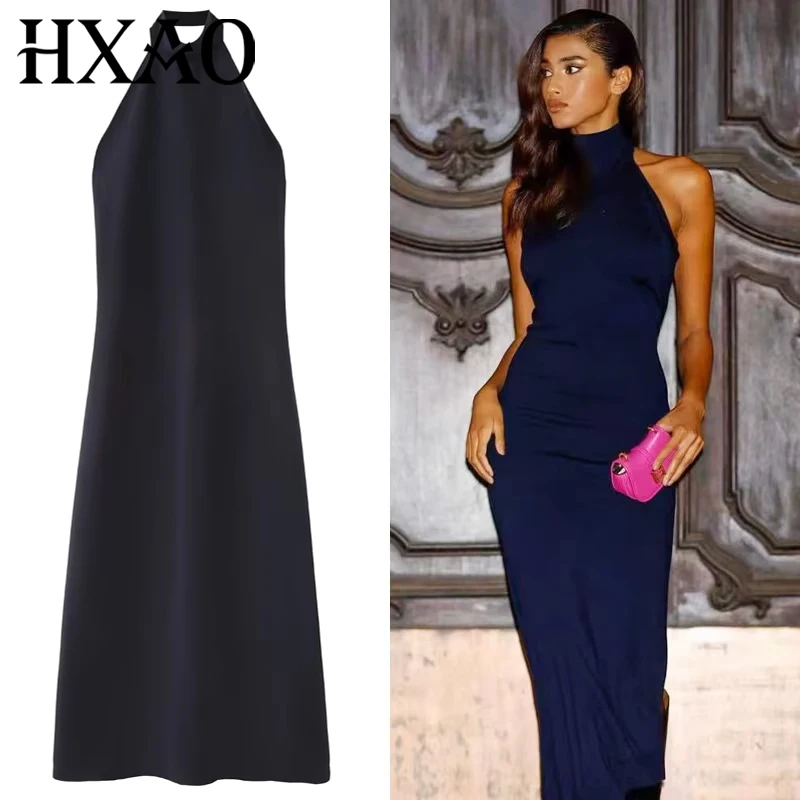 HXAO Blaues Neckholder-Kleid für Damen, Sommer, Frau, 2022, elegante Party, Abschlussball, Abendkleider, Rüschen, rückenfrei, langes Kleid, modisch, Vestidos