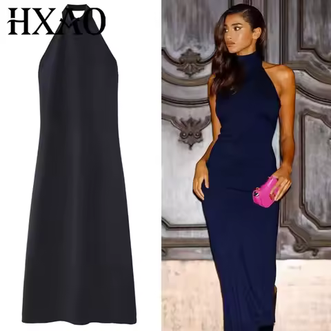 HXAO Women's Blue Halter Dress Summer Woman 2025 Elegant Party Prom Evening Dresses Ruffled Backless Long Dress Fashion Vestidos