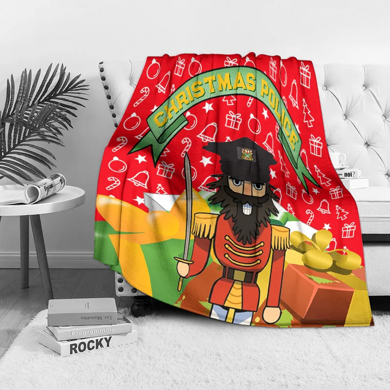 Christmas Police Themed Throw Blanket, Nutcracker Sheriff Design with Holiday Elements, Fun Festive Decor for Sofa or Bed
