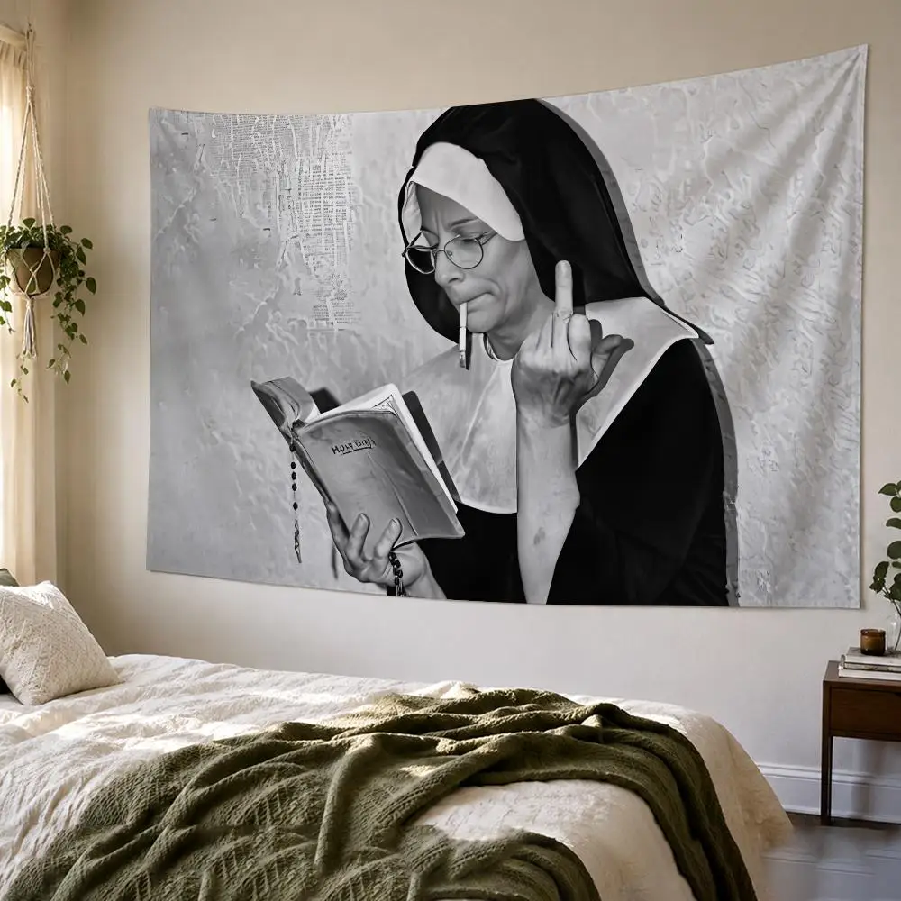 Nuns Smoking Black Funny Tapestry Bedroom Living Room Bar Party House Home Dorm Interior Wall Decor Background Banner