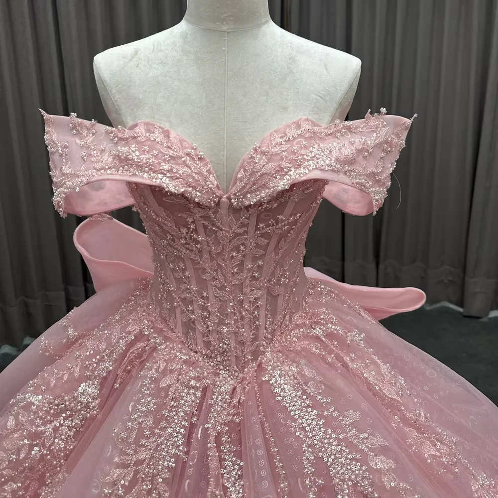 Pink Quinceanera Dresses Ball Gown Off The Shoulder Appliques Pearls Bow Sweet 16 Dresses 15 Años Mexican Customized