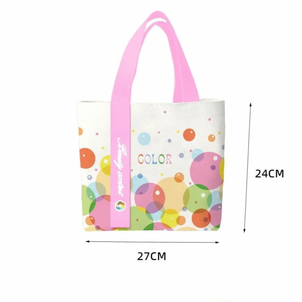 Fashion Bubble Pattern Canvas Bag Colorful Pink Handle Tote Bag Ribbon Detail Shopping Bag Women