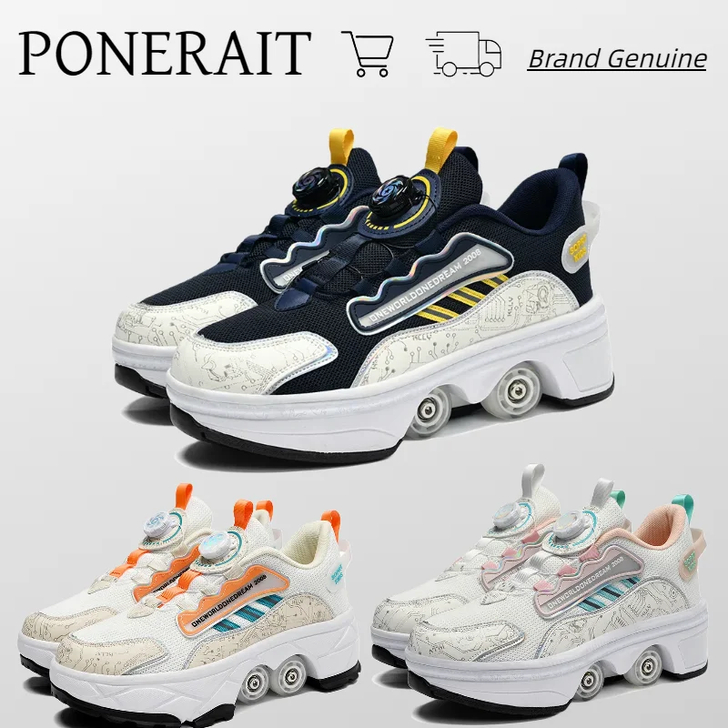 PONERAIT Roller Skate Shoe Retractable One Click Folding Double-Row Deform Dual-Use Sneaker Multi-functional Walk Sport Shoe