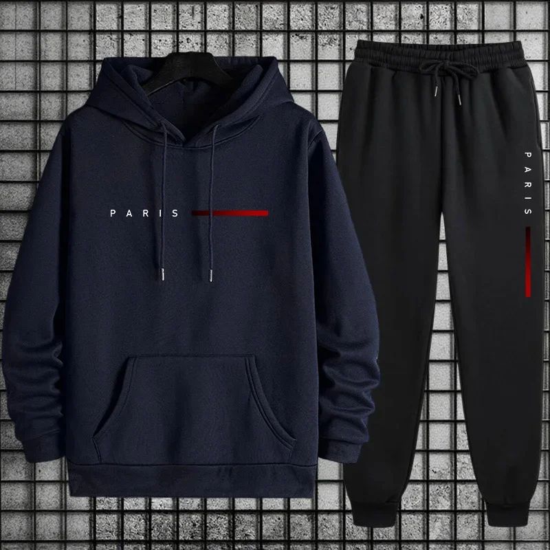 Men Paris Fashion Tracksuit Hoodie and Sweatpants Set with Soft Touch Fabric Autumn Winter Male Home Outdoor Comfort Warm Outfit