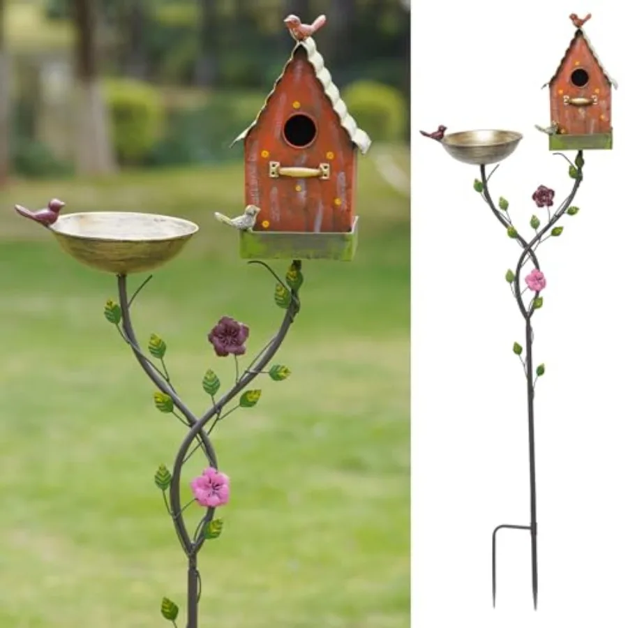 

Outdoor metal bird bath in gray, 56-inch height, weather-resistant finish for garden yard decor and birdhouse stakes