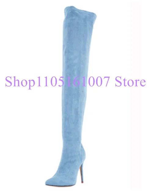 

Candy Color Elastic woman's long boots Orange Pink Green Pointed Toe Thin Leg Lady Over-the-knee Boots Model Club Female Shoes