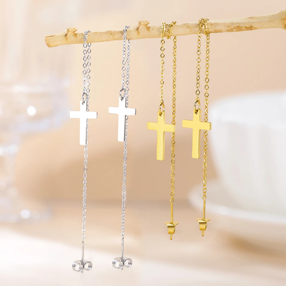 Dawapara Cross Long Earrings for Women Stainless Steel Tassel Earrings Christian Symbol Minimalism Cross Charm Religious Jewelry