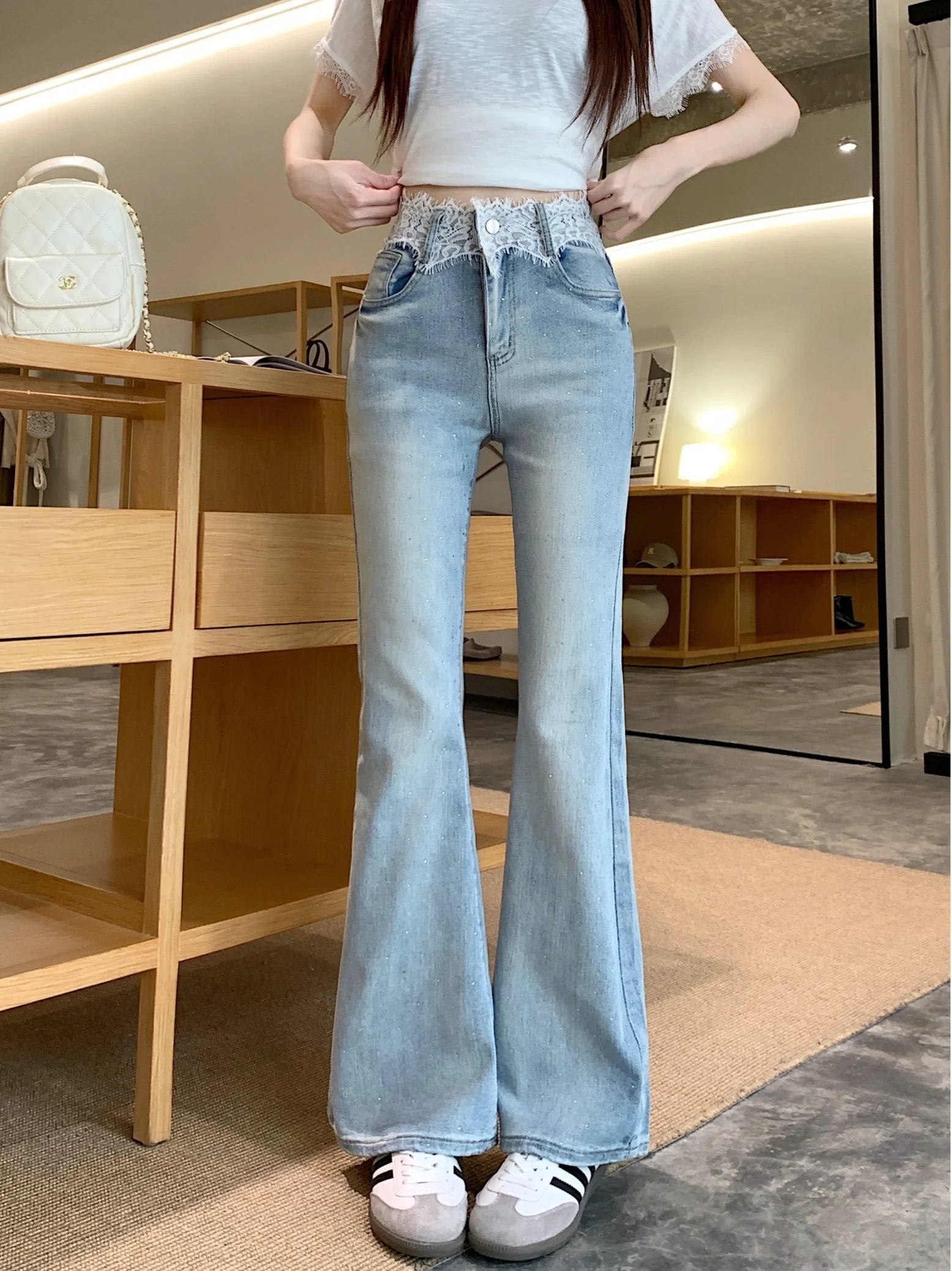 

High Waist Bell Bottom Jeans Women's Lace Splicing Slimming Long Pants Spring 2026 Design Sensation Body Shaping Leggings