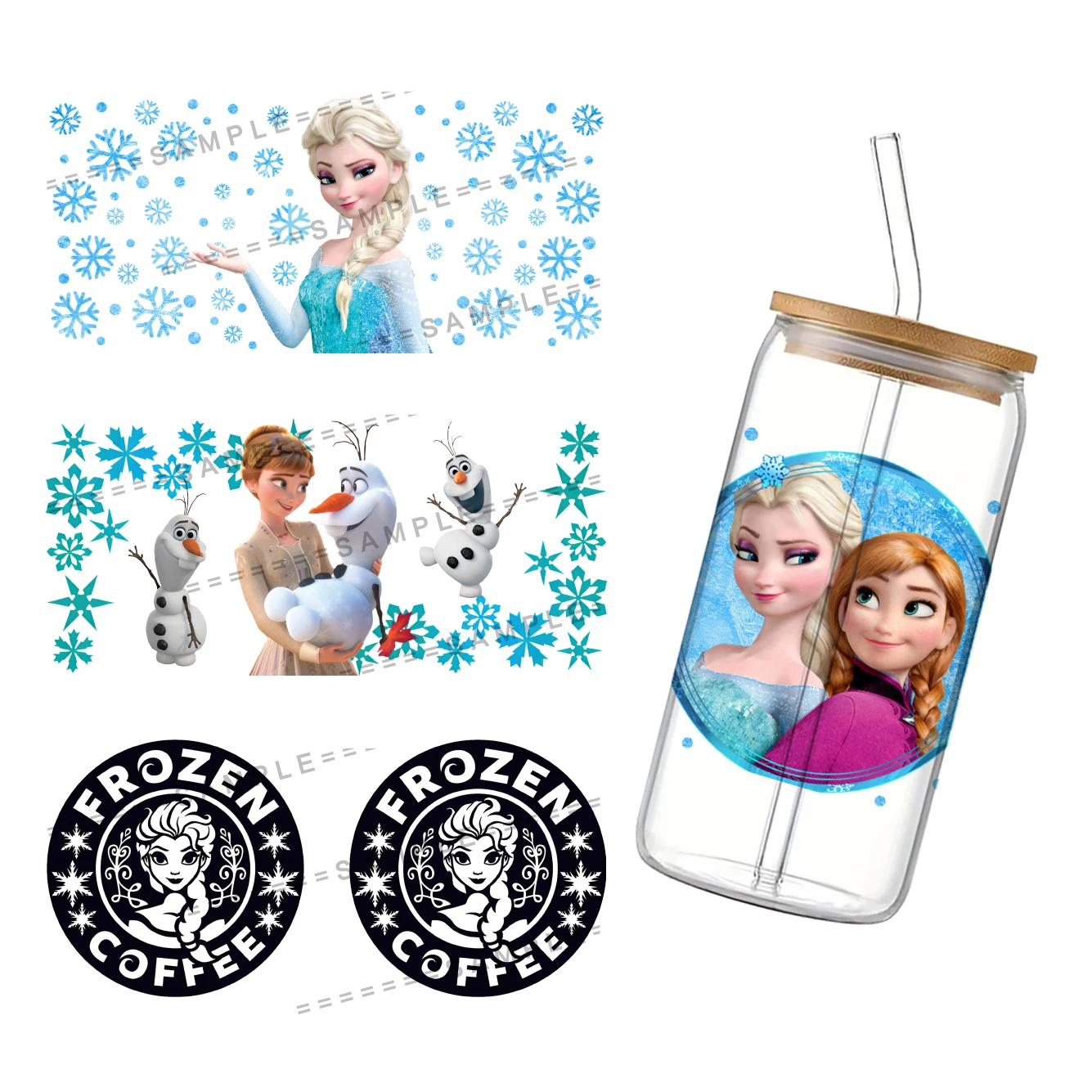 Nice Cute Disney Princess Frozen Design 3D UV DTF Cup Wrap Transfers Stickers Waterproof 16oz Glass UV DTF Wrap