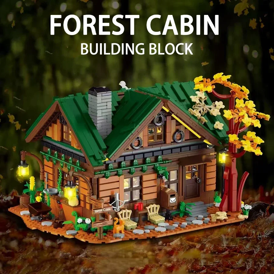 Street View Wald Hütte Gebäude Block Stadt Holz Hütte Wald Holz Haus Modell Ziegel Zusammengebautes Spielzeug Für Jungen Geburtstag Geschenk MOC