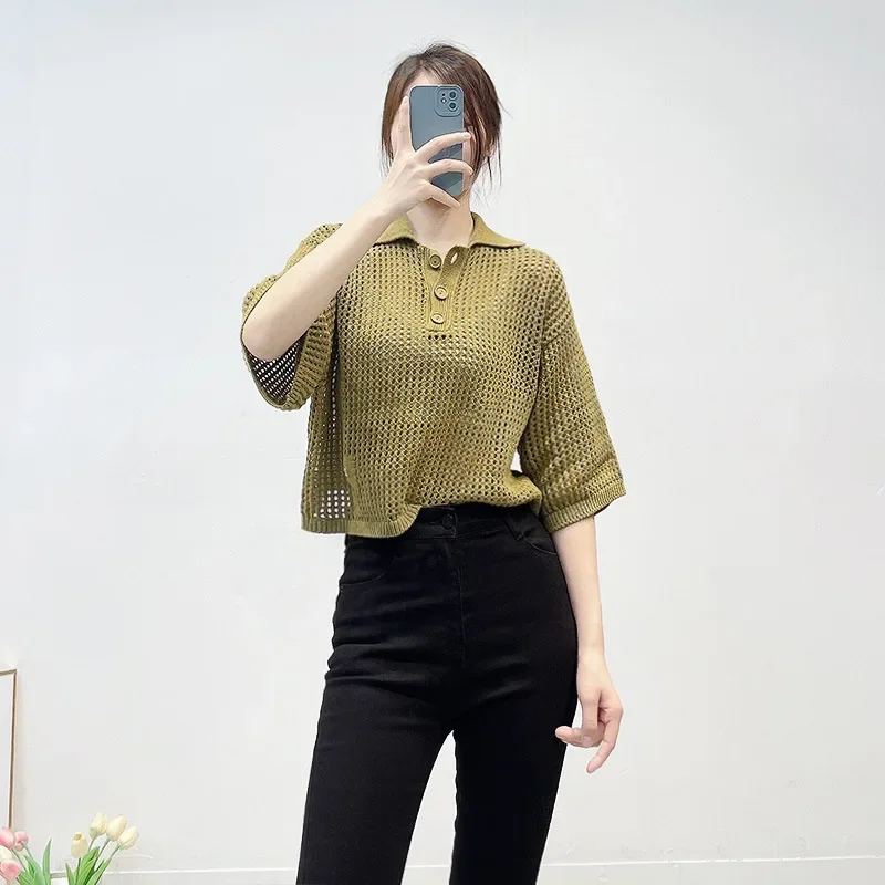 Women Hollow Out Sweater Metal Decoration Front Buttons Turn-down Collar Short Sleeve Loose Knitted Pullover