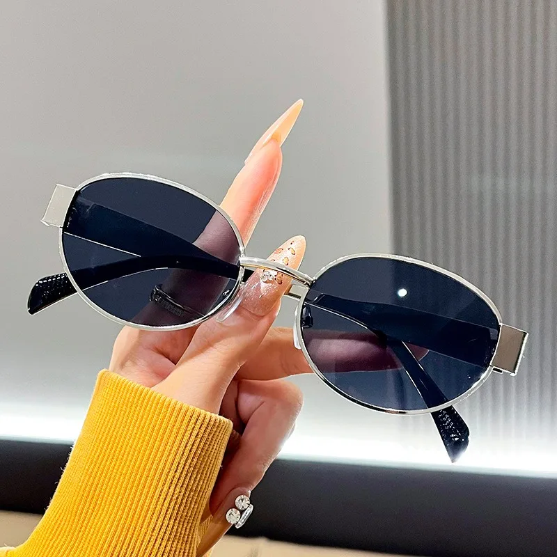نظارات شمسية عصرية على شكل بيضاوي للسفر، نظارات شمسية معدنية للأزياء الراقية، نظارات شمسية للتخسيس لتظليل الشمس #2