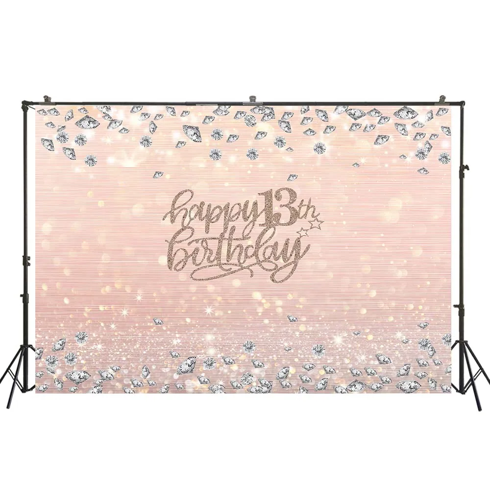 

Sweet Girl Happy 13th Birthday Party Background Glitter Pink Champagne Diamonds Shimmer Bokeh Lights 13 Years Old Bday Backdrop