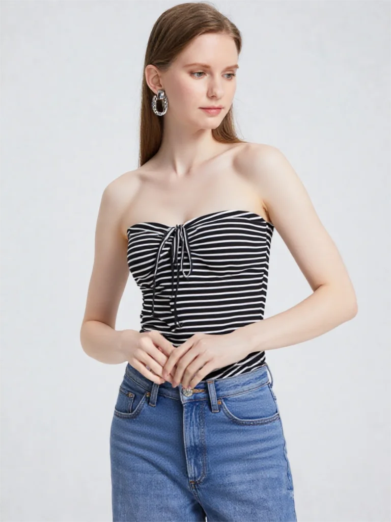 2026 Summer American Retro Striped Bandeau Top Women Built-in Bra Tube Y2K Slim Going Out Cute Vest